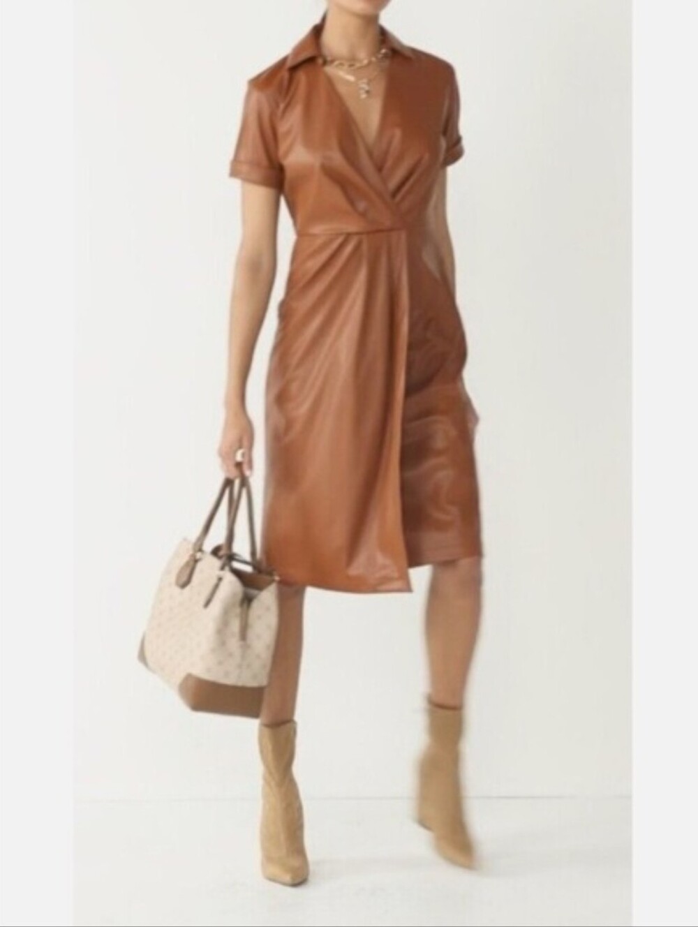 Nine West Faux Leather Midi Wrap Dress Maple Brown Large NWT